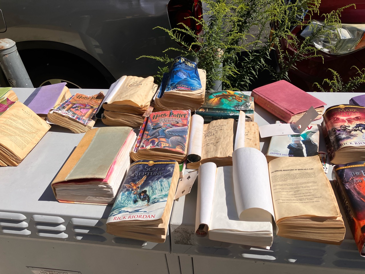 Well-worn books spread across a table outdoors